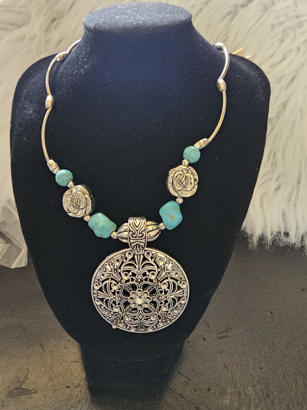 Turquoise Bead and Silver Filigree Statement Necklace - Women's Jewelry